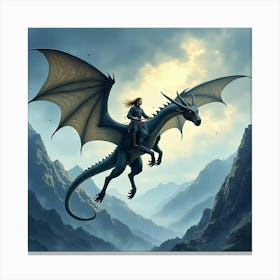 Dragon Rider Flying Through A Stormy Sky Over Mountains, Watercolor Art 1 Canvas Print