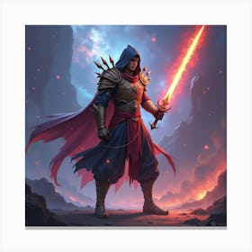 Fierce Fighter With A Glowing Sword, Colorful Magical Backdrop 1 Canvas Print