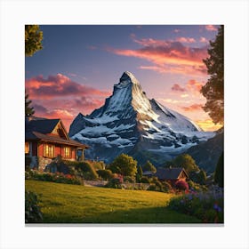 Wooden house behind a high mountain at sunset 1 Canvas Print