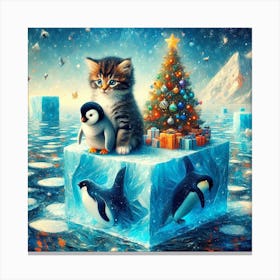Baby cat with a baby penguin (Christmas) Canvas Print