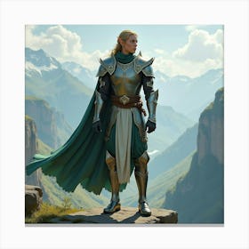 Elegant Elven Warrior In Shining Armor, Standing On A Cliff Overlooking A Valley 1 Canvas Print