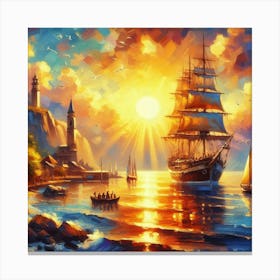 Sailing Ship At Sunset Canvas Print