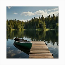 A Peaceful Lakeside Cabin With A Wooden Dock And A Canoe Tied To It Canvas Print