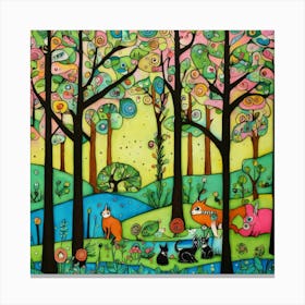 Art Drawing Forest And Animalss Scene Folk Art Sty Canvas Print