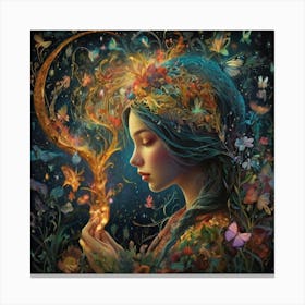 Moon And The Flowers The Magic of Watercolor: A Deep Dive into Undine, the Stunningly Beautiful Asian Goddess Canvas Print