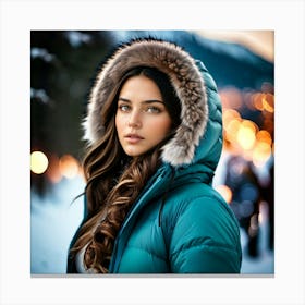 Woman in down jacket in a snowy forest, glittering backlights Canvas Print