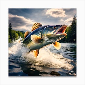 Muskie Fish Jumping Out Of The Water Canvas Print
