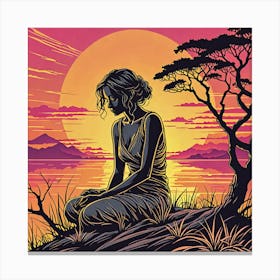 Sunset With A Woman Canvas Print