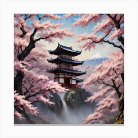 Japanese Temple and Sakura Blossoms Canvas Print