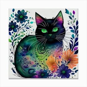 Black Cat With Flowers 8 Canvas Print