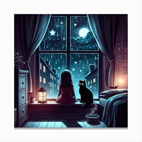 Little Girl Looking Out Window At Night Canvas Print