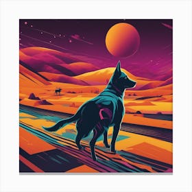 An Image Of A Dog Walking Through An Orange And Yellow Colored Landscape, In The Style Of Dark Teal (2) Canvas Print