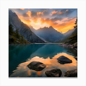 A Serene Lake Surrounded By Towering Mountains At Sunrise(4) Canvas Print