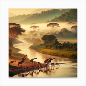 Giraffes In The River Canvas Print