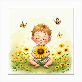 Baby Holding A Sunflower In A Watercolor Meadow With Butterflies Canvas Print