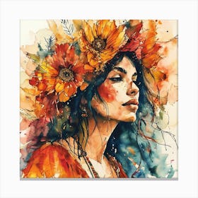 Bohemian Woman, Watercolor Of A Girl With Flowers Canvas Print