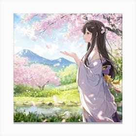 Anime Girl Serene Expression Eyes Gazing Into The Distance Stoic Posture Standing Under Cherry B Canvas Print