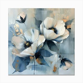 Abstract Painting Of Two Large White Poppies With Blue Grey Leaves And Gold Accents On A Light Blue Background Canvas Print