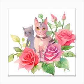 Watercolor Cats And Roses Canvas Print