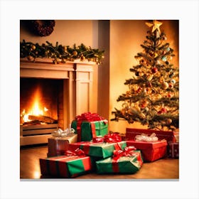 Christmas Presents In Front Of Fireplace 13 Canvas Print