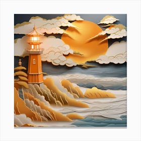 Paper Lighthouse On The Sea Landscape Canvas Print