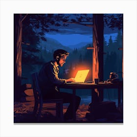 Man Working On His Laptop In The Woods Canvas Print