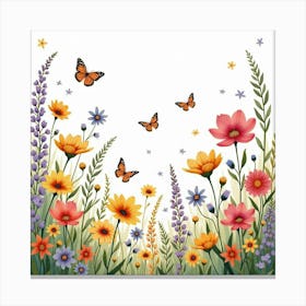 A Vibrant English Flower Field With Wildflowers And Butterflies, Watercolor Style 1 Canvas Print