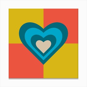 LOVE HEARTS CHECKERBOARD Single Retro Alt Valentines in Teal Blue Cream on Orange Yellow Geometric Grid Canvas Print