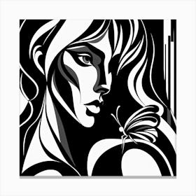 Stunning Black & White Abstract Portrait with Butterfly on Shoulder Canvas Print