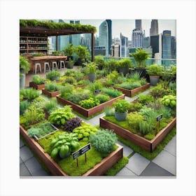 A Green Rooftop Garden With A Variety Of Herbs And Canvas Print