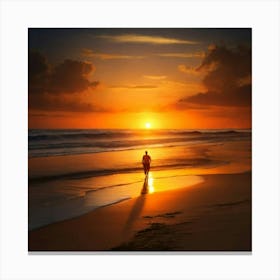 Man Walking On Beach At Sunset Canvas Print