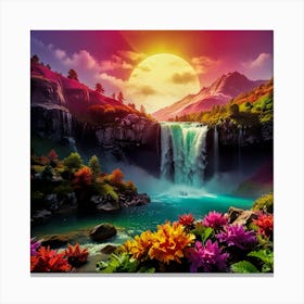 Waterfall And Flowers Canvas Print