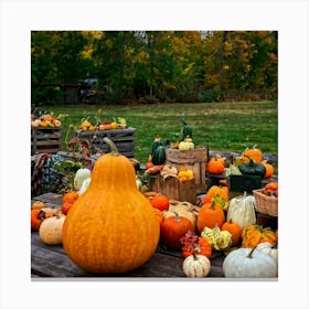 An Autumnal Photography Arrangement Depicting A Vibrant Orange Gourd Amidst A Thanksgiving Meal Sett 2 1 Canvas Print