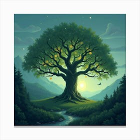 Mystical Tree With Glowing Leaves In A Serene Valley 1 Canvas Print