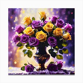 Royal Purple and Yellow Roses in Ornate Urn Vase Canvas Print