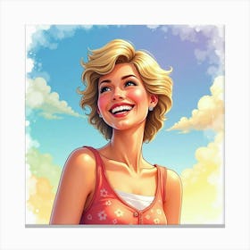 Princess Diana Smiling Brightly, Watercolor Skies Blending With Rainbow Colors Canvas Print