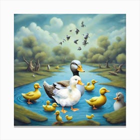 Happy Family Duck in the lake- Mallard and ducklings with beauty nature with cute birds Canvas Print