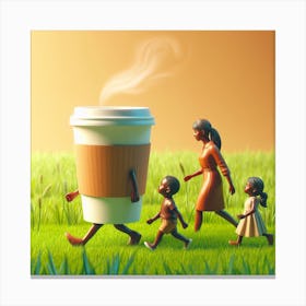 Family Walking With A Coffee Cup Canvas Print