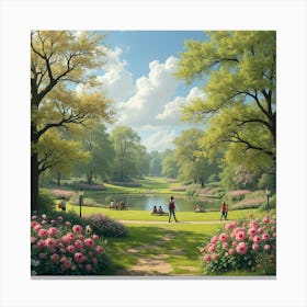 An English Park In Spring With Blooming Flowers And Families Enjoying The Day 1 Canvas Print