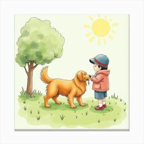 A Golden Retriever And A Child Playing In The Park, Watercolor 1 Canvas Print