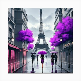 Purple Themed Street Scene With The Eiffel Tower In The Background And People Carrying Purple Umbrellas Canvas Print