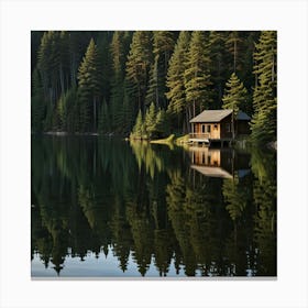 A Peaceful Lakeside Cabin Surrounded By Pine Trees And Reflecting In The Still Water 2 Canvas Print