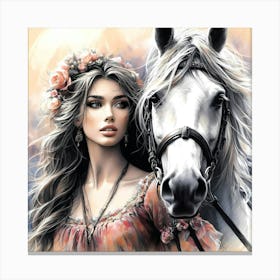 Long Hair Beauty With White Horse Color Drawing 1 Canvas Print