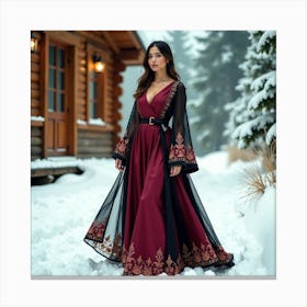 Woman In A Burgundy Dress In The Snow Canvas Print