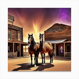 Two Horses In Front Of A Western Town Canvas Print