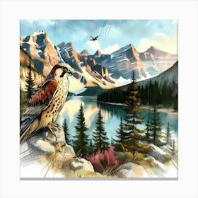 Falcon on a Rock by a Mountain Lake in Color Drawing - Wild Bird Artwork 161 Canvas Print