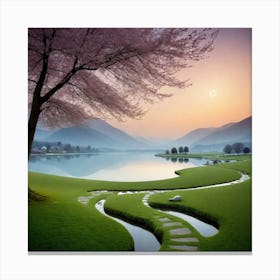 Cherry Blossoms By The Lake 2 Canvas Print