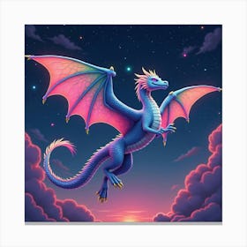 A Mythical Dragon With Scales Of Shimmering, Neon Colors Soaring Through A Celestial Sky Canvas Print