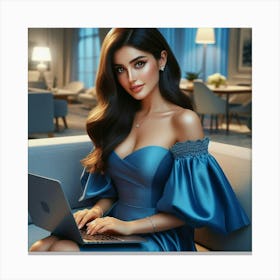 Beautiful Woman In Blue Dress Using Laptop 4 Canvas Print