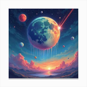 Watercolor Meteors Raining Down On A Colorful Alien Moon With Craters 1 Canvas Print